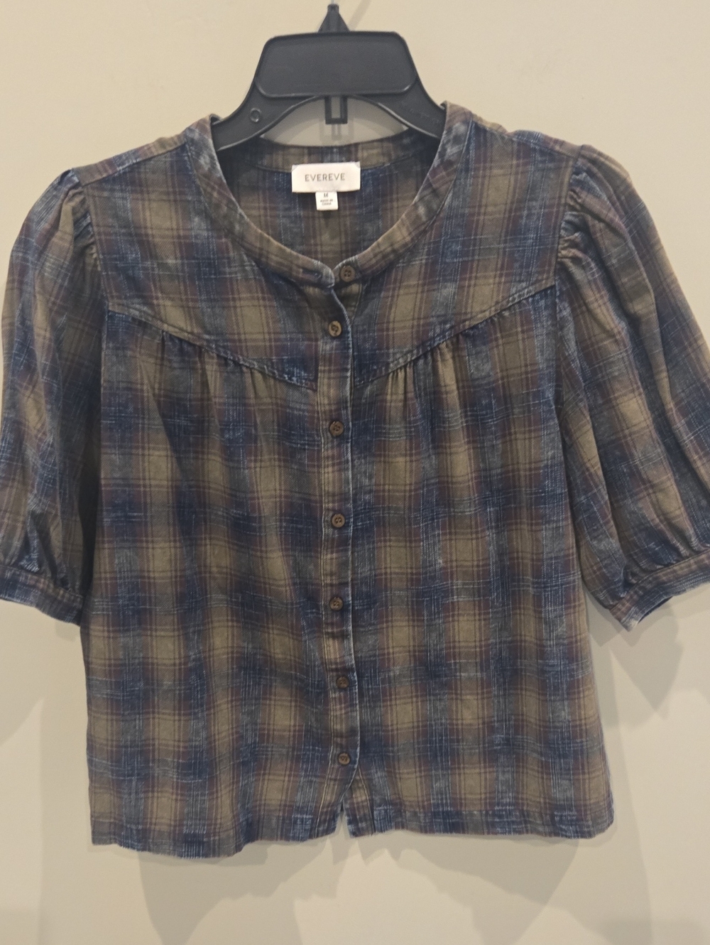 Evereve Olive & Blue Plaid Button-Front Women's Top Size Medium.